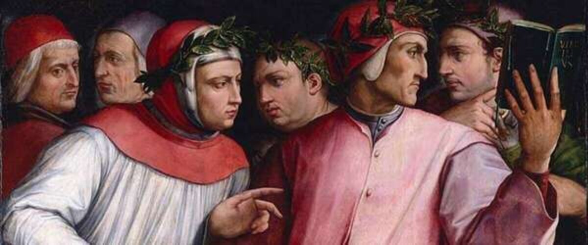 Six men in Renaissance attire with laurel wreaths confer, one pointing and another reading a book.